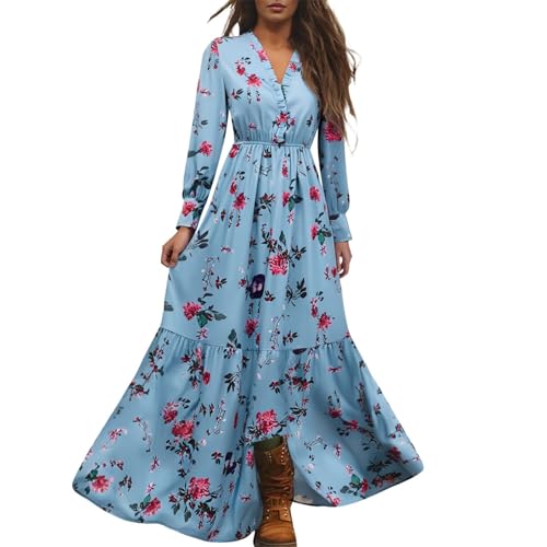 Boho Kleid Damen Lang Sommer Maxikleider Casual Blumenmuster A-Linie Freizeitkleid Schöne Vintage Rustikaler Stil V-Ausschnitt Kleid Langarm Sommerkleid Blumenkleid Urlaub Hochzeit Western Country von Generisch