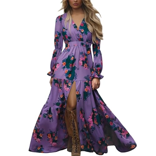 Boho Kleid Damen Lang Sommer Maxikleider Casual Blumenmuster A-Linie Freizeitkleid Schöne Vintage Rustikaler Stil V-Ausschnitt Kleid Langarm Sommerkleid Blumenkleid Urlaub Hochzeit Western Country von Generisch