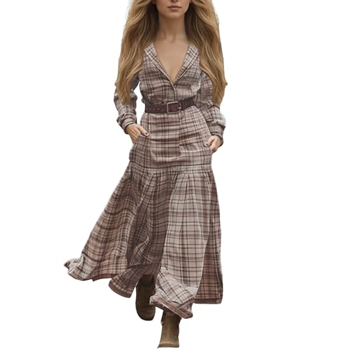 Boho Kleid Damen Langes Vintage Rustikaler Stil V-Ausschnitt Sommerkleid Mit Blumenmuster Lässiges Maxikleid Frühling Langarm Blumenkleid Western Country Retro Chiffonkleid Rustikaler Stil Kleider von Generisch