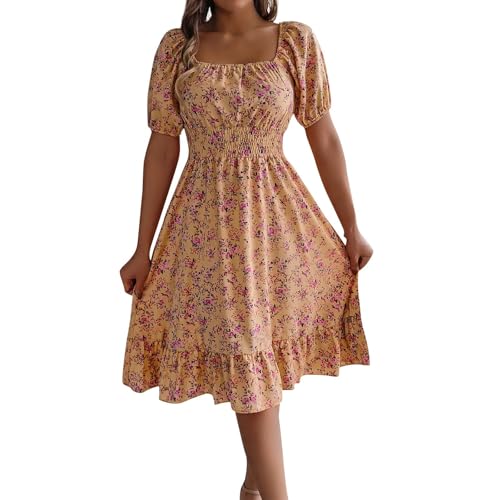 Boho Kleid Damen Sommerkleid Damen Hohe Taille Quadratischer Ausschnitt Puff Ärmel A Linie Blumenkleid Leicht und Luftig Kleider Freizeit Chiffon Strandkleider Elegant Urlaubskleid Yellow M von Generisch