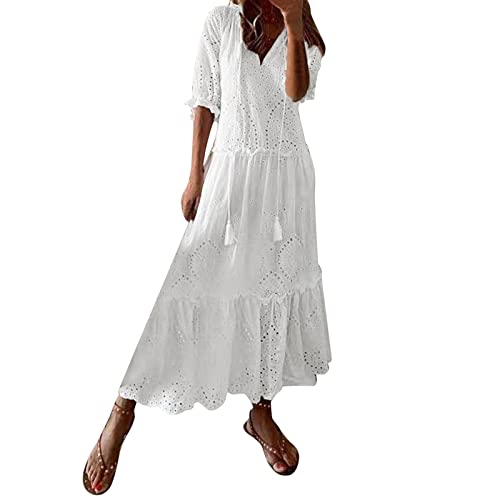 Boho Kleid Damen Weißes Retro Sommer Spitzen Strandkleid Maxi Kleider Boho Lang Lose Sommerkleid Elegant Casual A-Linie Hemdblusenkleid Weiß#02 M von Generisch