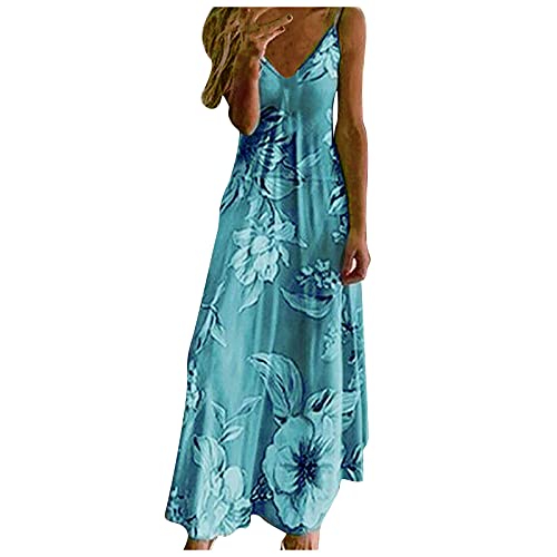 Boho Kleider Damen Sommer Lang - Trägerkleid Damen Lang Festlich V-Ausschnitt Strandkleid Blumenmuster Maxikleider Swing A-Linie Kleid Casual Freizeitkleid Festliche Kleider Knöchellanges Midikleid von Generisch