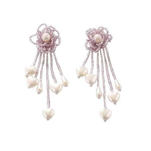 Boho Lila Lange Perlen Fransen Tropfen Ohrringe für Frauen Mädchen Statement Hademade Perlen Blumen Ohrstecker Trendy Süßer Sommerschmuck von Generisch