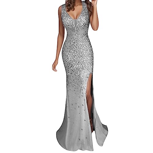 Boho MäDchen Festlich Strandkleider Paillettenausschnitt langer Abend Gold Partykleid Ball reizvolles Abendkleid Frauen Abschlussball Bräutigam V Boho Sommerkleid FüR Rundhals Kurzarm (Silver, L) von Generisch