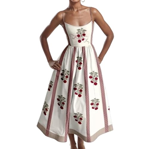 Boho Midikleid mit Trägern und Fisch Print Leichtes Urlaubskleid mit Spaghettiträgern und gesmokten Trägern von Generisch