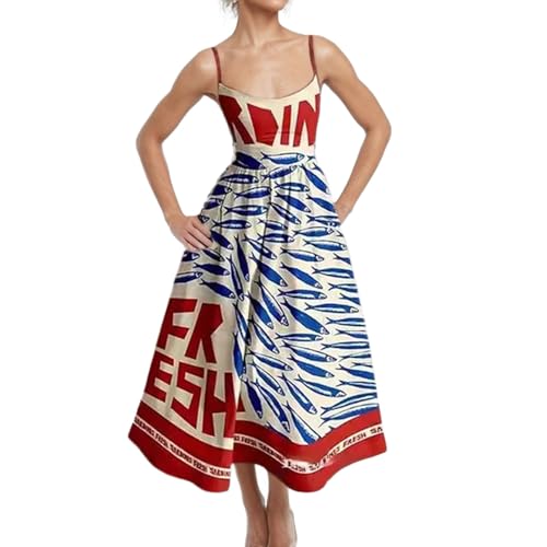 Boho Midikleid mit Trägern und Fisch Print Leichtes Urlaubskleid mit Spaghettiträgern und gesmokten Trägern von Generisch