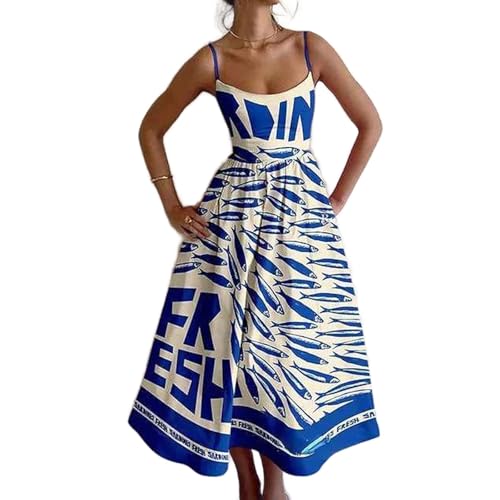 Boho Midikleid mit Trägern und Fisch Print Leichtes Urlaubskleid mit Spaghettiträgern und gesmokten Trägern von Generisch