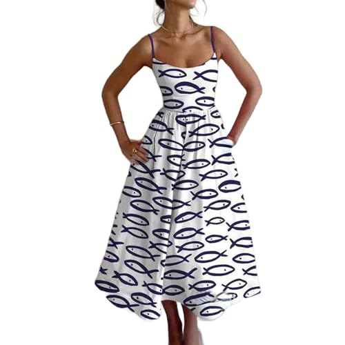 Boho Midikleid mit Trägern und Fisch Print Leichtes Urlaubskleid mit Spaghettiträgern und gesmokten Trägern von Generisch