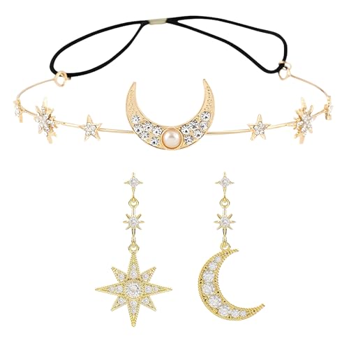 Boho-Mond-Stirnband Damen, Sonne Sterne Haarreif Gold, Haarreif Mond für Festival & Party, Schmuck Set mit Ohrringe Damen – Geschenk für Frauen & Mädchen M Boho-Mond-Stirnband Damen, Sonne Sterne Haarreif Gold, Haarreif Mond für Festival & Party, Schmuck Set mit Ohrringe Damen – Geschenk für Frauen & Mädchen M von Generisch