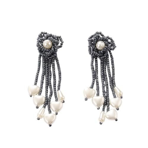 Boho Schwarze Lange Perlen Fransen Ohrhänger für Frauen und Mädchen, Statement Ohrstecker mit Handgefertigten Perlen und Blumen, Trendiger Süßer Sommerschmuck von Generisch