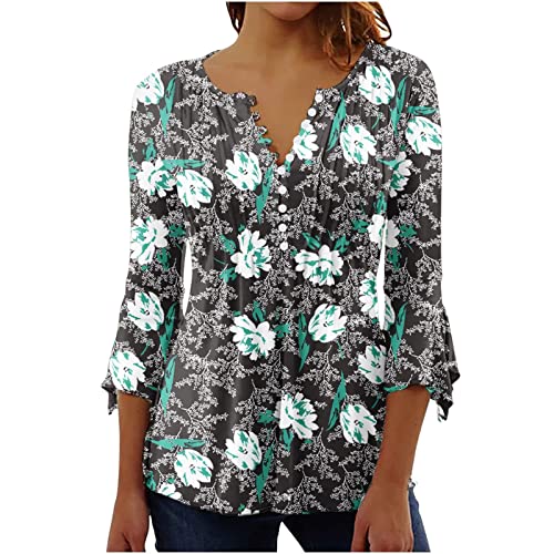 Boho Shirt Damen,Crop Top Damen Damen Top Floral Print V-Ausschnitt Kurzarm Button T-Shirt Oversized Tshirt Damen Gothic Oberteil T-Shirt Bedrucken Lassen V Ausschnitt Festliche T Shirt Damen(Navy,M) von Generisch