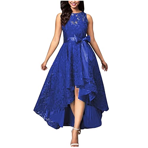 Boho Sommerkleid FüR Rundhals Kurzarm Damenkleid Kleid Mode Reine Farbe Spitzennähte Hohe Taillenträger Unregelmäßiger Rock Elegantes Kleid Temperament Sexy Partykleid äRmellos Sommerkleid (Blue, S) von Generisch