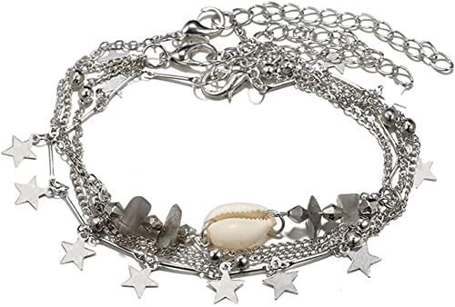 Boho-Stern-Muschelperlen-Anhänger-Armband-Set für Damen, geometrisches mehrlagiges Armband, Fußkettchen-Set, Silber von Generisch