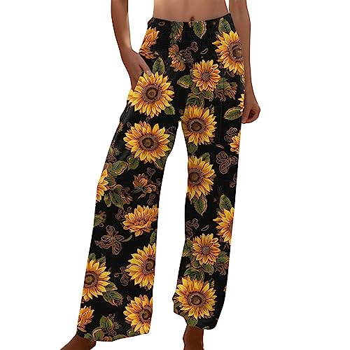 Boho Strandhose Damen Plissee mit Sonnenblume Drucken Slim Leicht Freizeithose Sommer Straight Weite Beine Lange Strand Hosen Loose Bequeme Sommerhose Hosen mit Taschen Damen Yogahose Elegant von Generisch