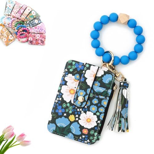 Boho Style Beaded Tassel Keychain Wallet, Boho Beaded Wallet Keychain, Wristlet Bracelet Wrist Purse Flower Chains (Dark Blue) von Generisch