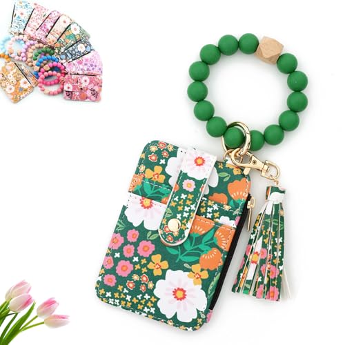 Boho Style Beaded Tassel Keychain Wallet, Boho Beaded Wallet Keychain, Wristlet Bracelet Wrist Purse Flower Chains (Green) von Generisch