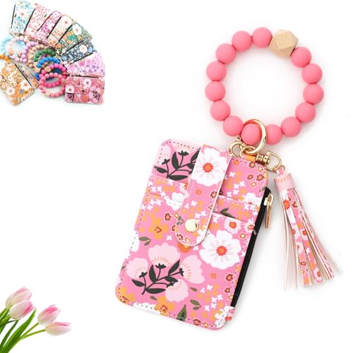 Boho Style Beaded Tassel Keychain Wallet, Boho Beaded Wallet Keychain, Wristlet Bracelet Wrist Purse Flower Chains (Pink) von Generisch