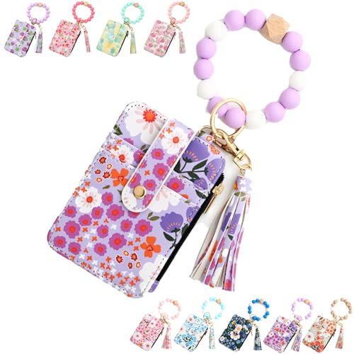 Boho Style Beaded Tassel Keychain Wallet, Women Boho Style Beaded & Tassel Decorated Keychain, with Floral and Fruit Patterns (Purple) von Generisch