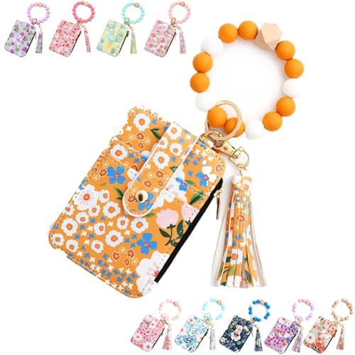 Boho Style Beaded Tassel Keychain Wallet, Women Boho Style Beaded & Tassel Decorated Keychain, with Floral and Fruit Patterns (Yellow) von Generisch