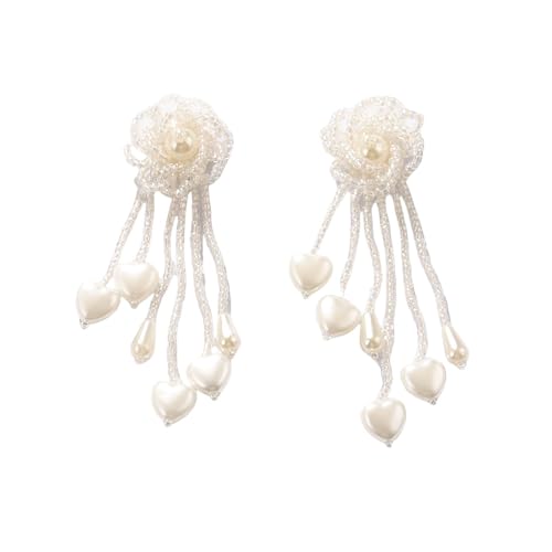 Boho Weiße Lange Perlen Fransen Ohrhänger für Frauen und Mädchen, Statement Ohrstecker mit Handgefertigten Perlen und Blumen, Trendiger Süßer Sommerschmuck von Generisch