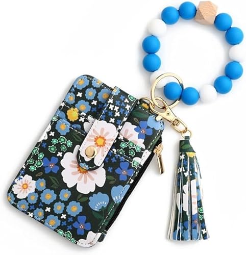 Boho Wristlet Wallet, Multicolored Floral Beaded Wristlet Wallets, Women's Boho Style Beaded & Tassel Charms Keychain with Flower Pattern Wallet (Dark Blue) von Generisch