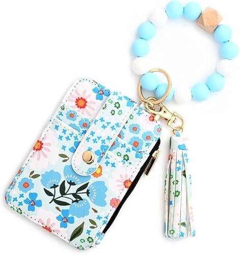 Boho Wristlet Wallet, Multicolored Floral Beaded Wristlet Wallets, Women's Boho Style Beaded & Tassel Charms Keychain with Flower Pattern Wallet (Light Blue) von Generisch