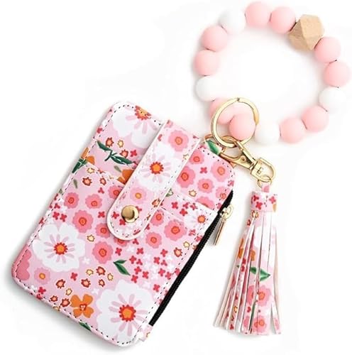 Boho Wristlet Wallet, Multicolored Floral Beaded Wristlet Wallets, Women's Boho Style Beaded & Tassel Charms Keychain with Flower Pattern Wallet (Light Pink) von Generisch