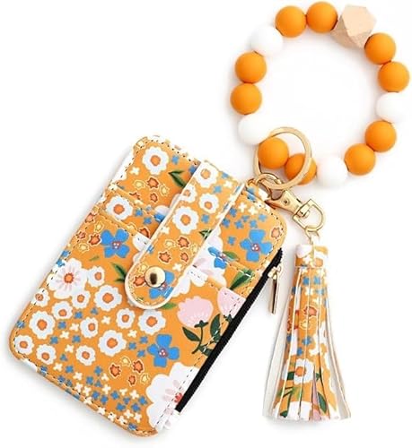 Boho Wristlet Wallet, Multicolored Floral Beaded Wristlet Wallets, Women's Boho Style Beaded & Tassel Charms Keychain with Flower Pattern Wallet (Yellow) von Generisch
