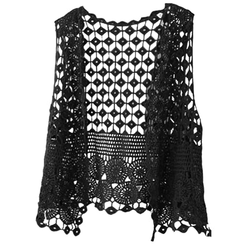 Bolero Sommer Cardigan Ärmellos Weste Strickweste Strand Cover Up Loose Strick Damen Bluse Lace Häkel Tops Weste Cardigan Hippie Häkeln Hohl Boho Weste Bluse Crochet Top Strickjacke (Black, One Size) von Generisch