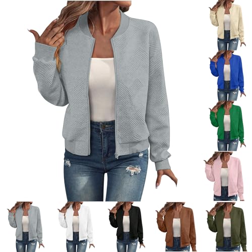 Bomberjacke Damen Blouson Sommerjacke Leichte Reißverschluss Sweatjacke Kurz Pilotenjacke Einfarbig Jacke Elegant Rundhals Dünne Übergangsjacke College Jacket MäDchen Fliegerjacke Grau,4XL von Generisch