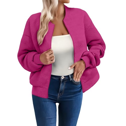 Bomberjacke Damen Blouson Sommerjacke Leichte Reißverschluss Sweatjacke Kurz Pilotenjacke Einfarbig Jacke Elegant Rundhals Dünne Übergangsjacke College Jacket MäDchen Fliegerjacke Heiß Rosa,XXL von Generisch