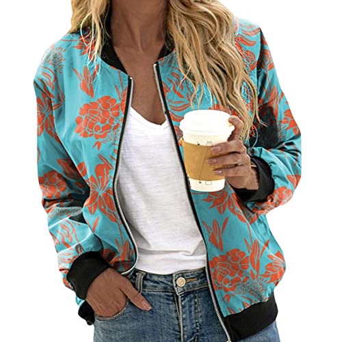 Bomberjacke Damen Blumenmuster Coat,Sommer Blouson Reißverschluss Herbst Frühling Jacket Mädchen Sommerjacke Kurz Outwear College Jacke leichte Pilotenjacke Langarm Fliegerjacke Pilotenjacke von Generisch