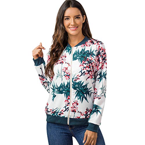 Bomberjacke Damen Blumenmuster Coat Sommer Blouson Reißverschluss Herbst Frühling Jacket Mädchen Sommerjacke Kurz Outwear College Jacke leichte Pilotenjacke Langarm Fliegerjacke Pilotenjacke von Generisch