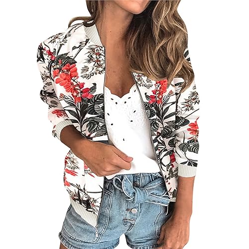 Bomberjacke Damen Blumenmuster Coat Sommer Blouson Reißverschluss Herbst Frühling Jacket Mädchen Sommerjacke Kurz Outwear College Jacke leichte Pilotenjacke Langarm Fliegerjacke Pilotenjacke von Generisch