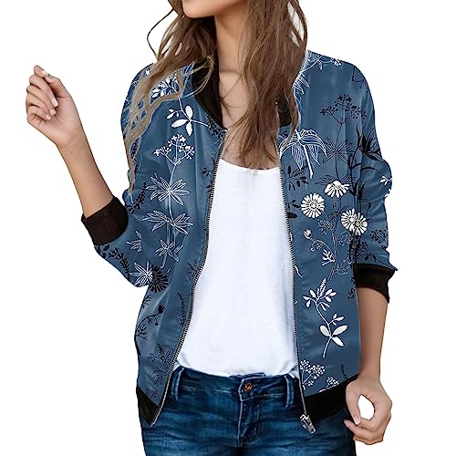 Bomberjacke Damen Blumenmuster Leichte Sommerjacke Frühlingsjacke Sommer Reißverschluss Kurz Pilotenjacke Blouson Jacke Dünne Langarm Übergangsjacke College Jacke Mädchen Fliegerjacke 10 von Generisch