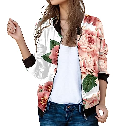 Bomberjacke Damen Blumenmuster Leichte Sommerjacke Frühlingsjacke Sommer Reißverschluss Kurz Pilotenjacke Blouson Jacke Dünne Langarm Übergangsjacke College Jacke Mädchen Fliegerjacke 13 von Generisch