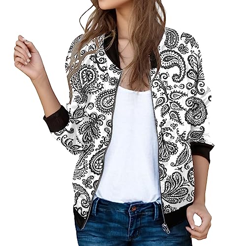 Bomberjacke Damen Blumenmuster Leichte Sommerjacke Frühlingsjacke Sommer Reißverschluss Kurz Pilotenjacke Blouson Jacke Dünne Langarm Übergangsjacke College Jacke Mädchen Fliegerjacke 26 von Generisch