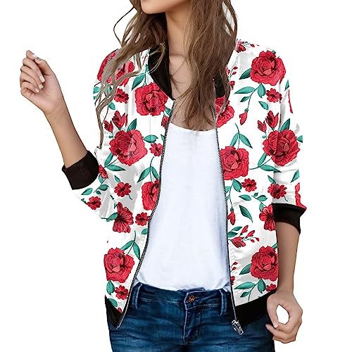 Bomberjacke Damen Blumenmuster Leichte Sommerjacke Frühlingsjacke Sommer Reißverschluss Kurz Pilotenjacke Blouson Jacke Dünne Langarm Übergangsjacke College Jacke Mädchen Fliegerjacke 35 von Generisch