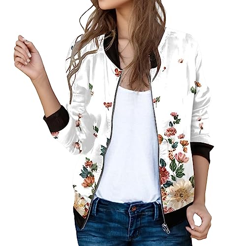 Bomberjacke Damen Blumenmuster Leichte Sommerjacke Frühlingsjacke Sommer Reißverschluss Kurz Pilotenjacke Blouson Jacke Dünne Langarm Übergangsjacke College Jacke Mädchen Fliegerjacke 38 von Generisch
