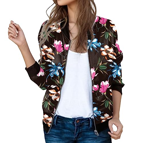 Bomberjacke Damen Blumenmuster Leichte Sommerjacke Frühlingsjacke Sommer Reißverschluss Kurz Pilotenjacke Blouson Jacke Dünne Langarm Übergangsjacke College Jacke Mädchen Fliegerjacke 43 von Generisch
