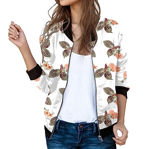 Bomberjacke Damen Blumenmuster Leichte Sommerjacke Frühlingsjacke Sommer Reißverschluss Kurz Pilotenjacke Blouson Jacke Dünne Langarm Übergangsjacke College Jacke Mädchen Fliegerjacke 48 von Generisch