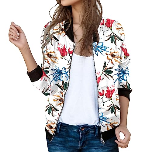 Bomberjacke Damen Blumenmuster Leichte Sommerjacke Frühlingsjacke Sommer Reißverschluss Kurz Pilotenjacke Blouson Jacke Dünne Langarm Übergangsjacke College Jacke Mädchen Fliegerjacke 59 von Generisch
