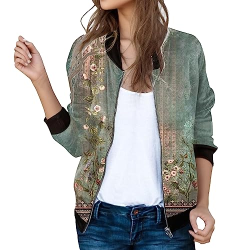Bomberjacke Damen Blumenmuster Leichte Sommerjacke Frühlingsjacke Sommer Reißverschluss Kurz Pilotenjacke Blouson Jacke Dünne Langarm Übergangsjacke College Jacke Mädchen Fliegerjacke 69 von Generisch