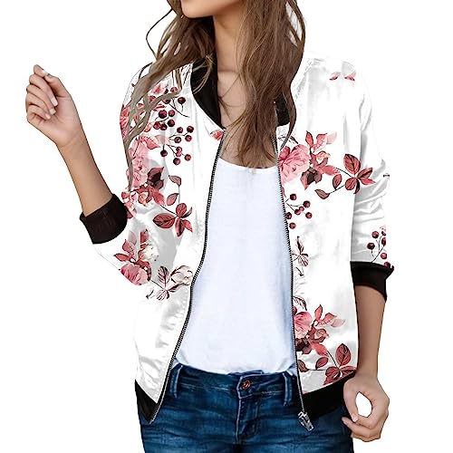 Bomberjacke Damen Blumenmuster Leichte Sommerjacke Frühlingsjacke Sommer Reißverschluss Kurz Pilotenjacke Blouson Jacke Dünne Langarm Übergangsjacke College Jacke Mädchen Fliegerjacke 79 von Generisch