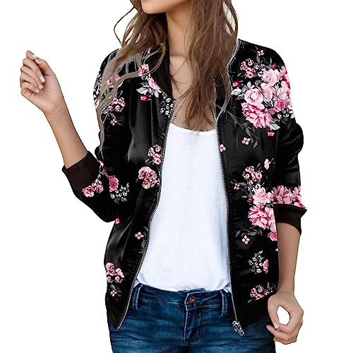 Bomberjacke Damen Blumenmuster Leichte Sommerjacke Frühlingsjacke Sommer Reißverschluss Kurz Pilotenjacke Blouson Jacke Dünne Langarm Übergangsjacke College Jacke Mädchen Fliegerjacke 91 von Generisch