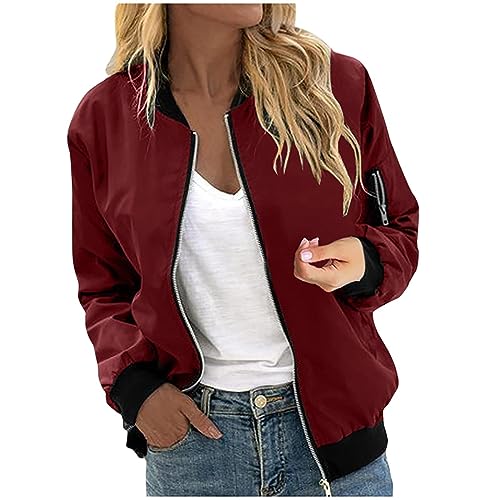 Bomberjacke Damen Kurze Blouson Jacke Casual Pilotenjacke Langarm Outwear Zip Up Solid/Blumenmuster Leichte Coat Sweatjacke 4#Rot XXL von Generisch