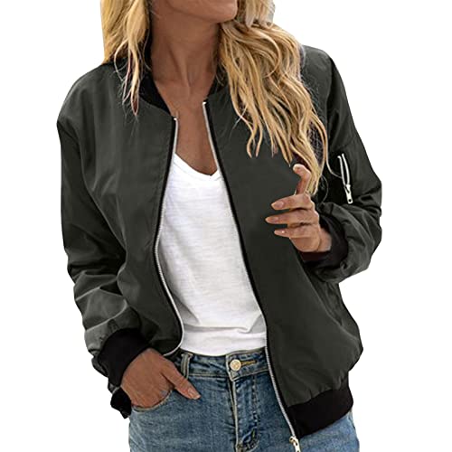 Bomberjacke Damen Kurze Blouson Jacke Leichte Sommerjacke Kurz Pilotenjacke Reißverschluss Blouson Jacke Dünne Übergangsjacke College Jacket Mädchen Fliegerjacke Damenjacke Armee Grün,M von Generisch