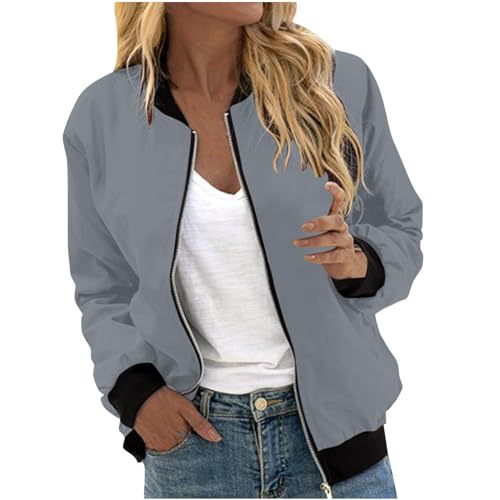Bomberjacke Damen Kurze Blouson Jacke Leichte Sommerjacke Kurz Pilotenjacke Reißverschluss Blouson Jacke Dünne Übergangsjacke College Jacket Mädchen Fliegerjacke Damenjacke Grau,XL von Generisch
