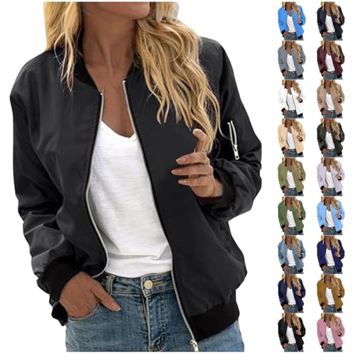 Bomberjacke Damen Kurze Blouson Jacke Leichte Sommerjacke Kurz Pilotenjacke Reißverschluss Blouson Jacke Dünne Übergangsjacke College Jacket Mädchen Fliegerjacke Damenjacke Schwarz,M von Generisch
