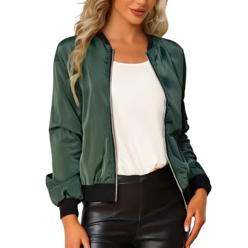 Bomberjacke Damen Leichte Coat Sweatjacke Casual Kurze Blouson Jacke Langarm Outwear Pilotenjacke Reißverschlusstasche (DE/NL/SE/PL, Alphanumerisch, L, Regular, Regular, Grün) von Generisch